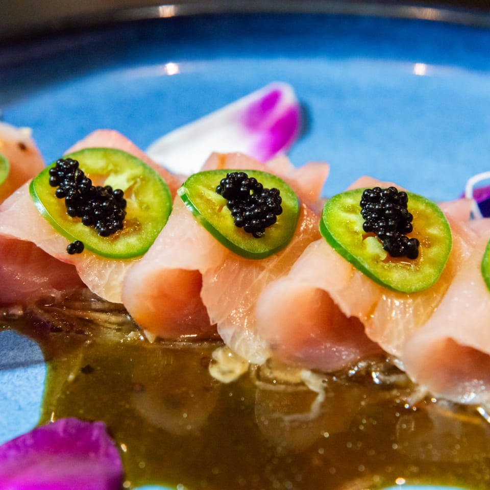 Wasabi Japanese SteakHouse's salmon sashimi with jalapeño and black caviar on a blue plate.